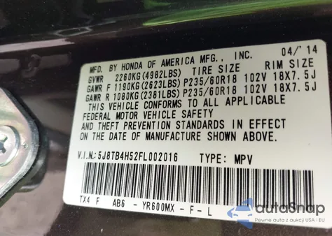 2015 Acura Rdx z USA, uszkodzony, nr VIN 5J8TB4H52FL002016